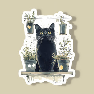 Sticker Chat noir Whimsical sur une étagère Plante