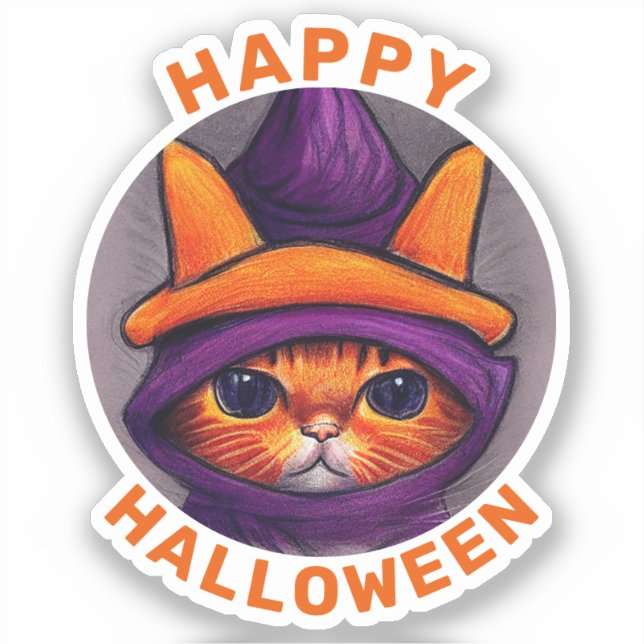 Sticker Chat orange avec sorcière violette Casquette Hallo (Recto)