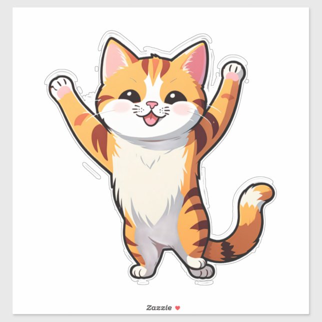 Sticker Chat orange de dessin animé heureux levant les pat (Feuille)