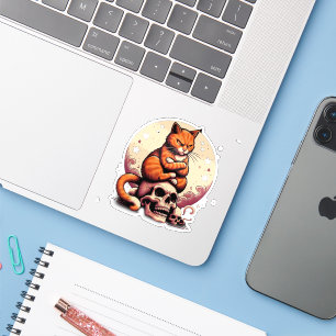 Sticker Chat orange vengeur, crânes et lune