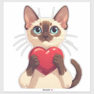 Sticker Chat siamois tenant un cœur pour l'amour et les so