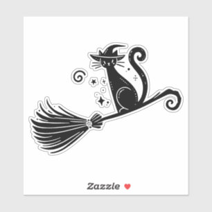 Sticker Chat sorcière noire sur un balai d'Halloween