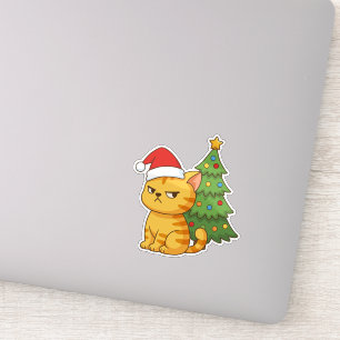 Sticker Chat tigré orange grincheux Sapin de Noël Chapeau