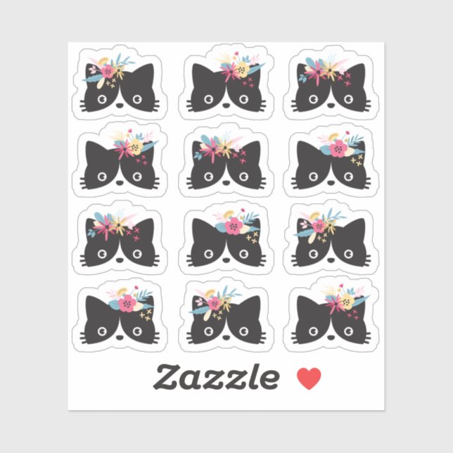 Sticker Chat Tuxedo Noir & Blanc Visages Avec Couronnes Fl (Feuille)