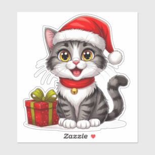 Sticker Chaton de Noël adorable avec chapeau de Père Noël