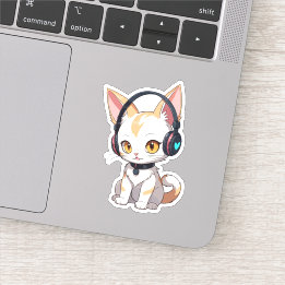 Sticker Chaton Kawaii avec écouteurs branlants