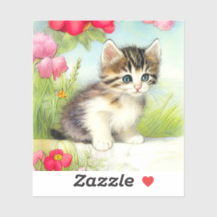 Sticker Chaton vintage blanc et Brown avec fleurs