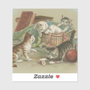 Sticker Chatons victoriens vintage jouant dans un panier à