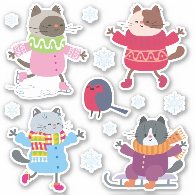 Sticker Chats de Noël mignons Patinage d'oiseaux Sled Snow (Devant)