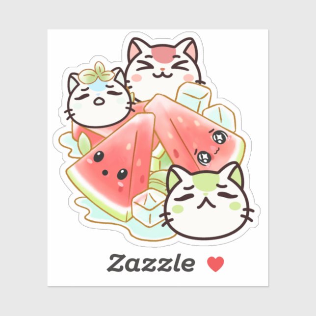 Sticker Chats mignons Kawaii et pastèque glacée (Feuille)