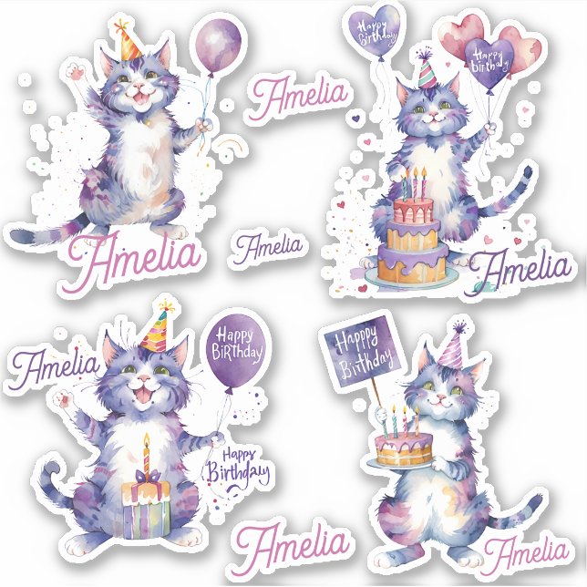 Sticker Chats pourpres Joyeux anniversaire Personnalisé (Devant)
