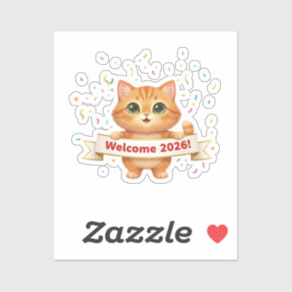 Sticker Cheerful Cat with New Year Banner Welcome 2026