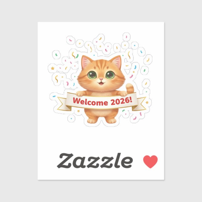 Sticker Cheerful Cat with New Year Banner Welcome 2026  (Feuille)