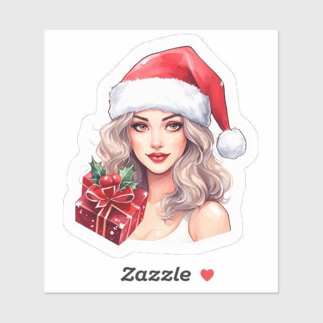 Sticker Cheerful Woman in Santa Hat With Gift (Feuille)