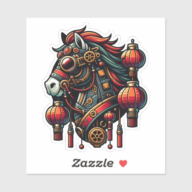 Sticker Cheval chinois de Nouvel An Steampunk (Feuille)
