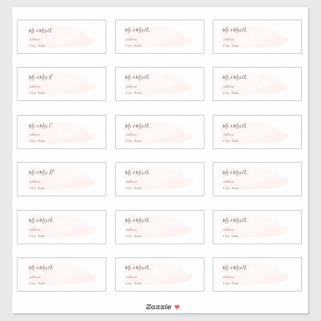 Sticker Chic Blush Rose brossé Aquarelle Adresse d'invité (Feuille)