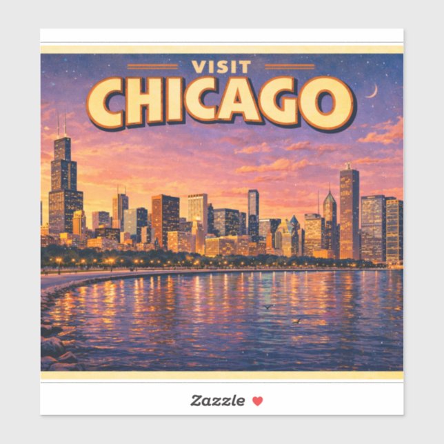 Sticker Chicago skyline and Lake Michigan in the evening (Feuille)
