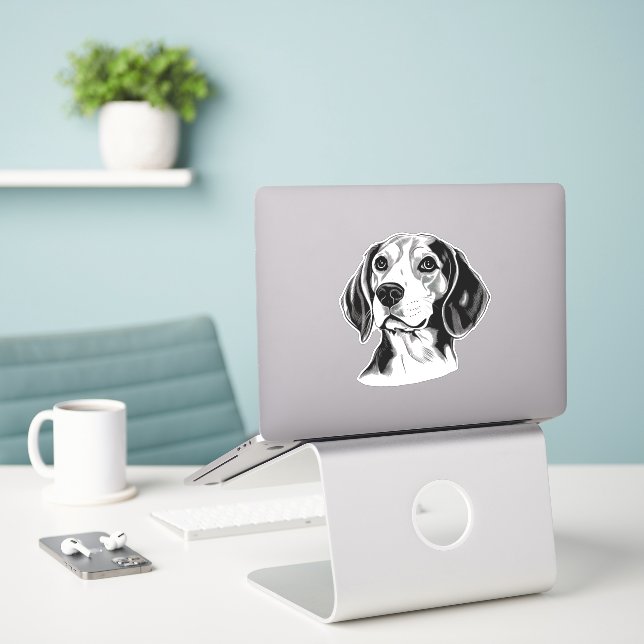 Sticker Chien Beagle personnalisé noir et blanc (Ordinateur portable sur le bureau)