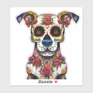 Sticker Chien de crâne à sucre avec un collier de Rose