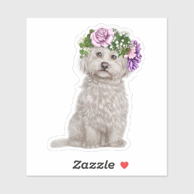Sticker Chien maltais portant une couronne de fleurs (Feuille)