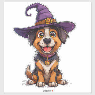 Sticker Chien Mignon Chapeau de Magicien Violet Cadeau d'H
