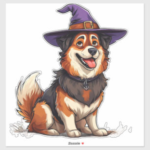 Sticker Chien portant un chapeau de sorcier violet Hallowe
