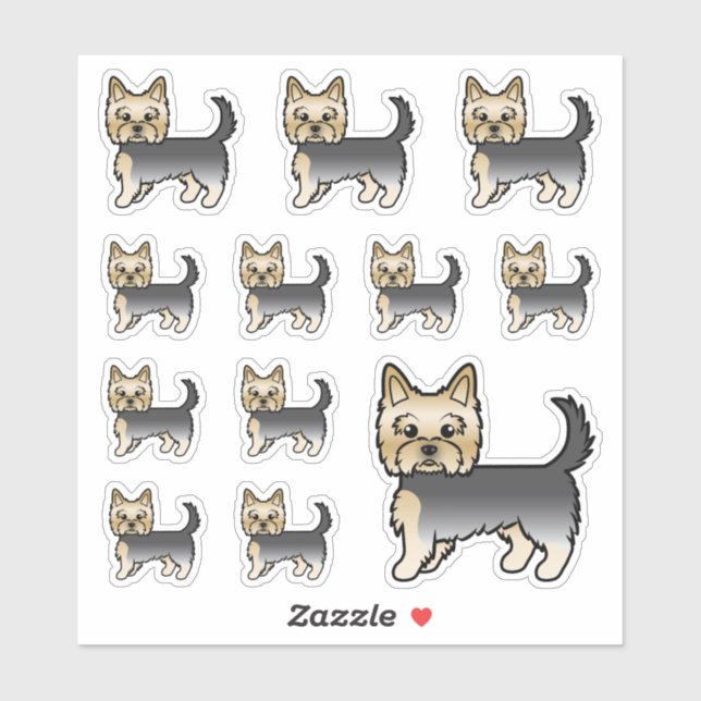 Sticker Chiens De Cartoon De Terrier Du Yorkshire Bleu Et  (Feuille)