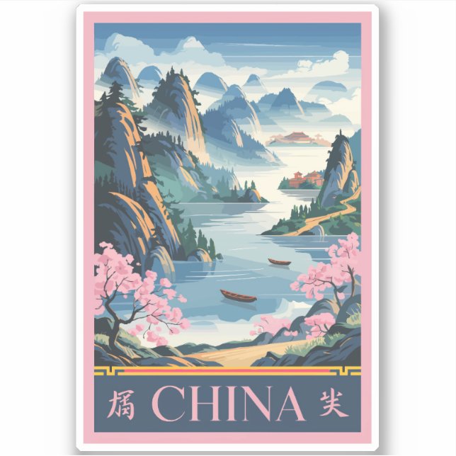 Sticker China Illustration Pink Travel Art Vintage (Devant)