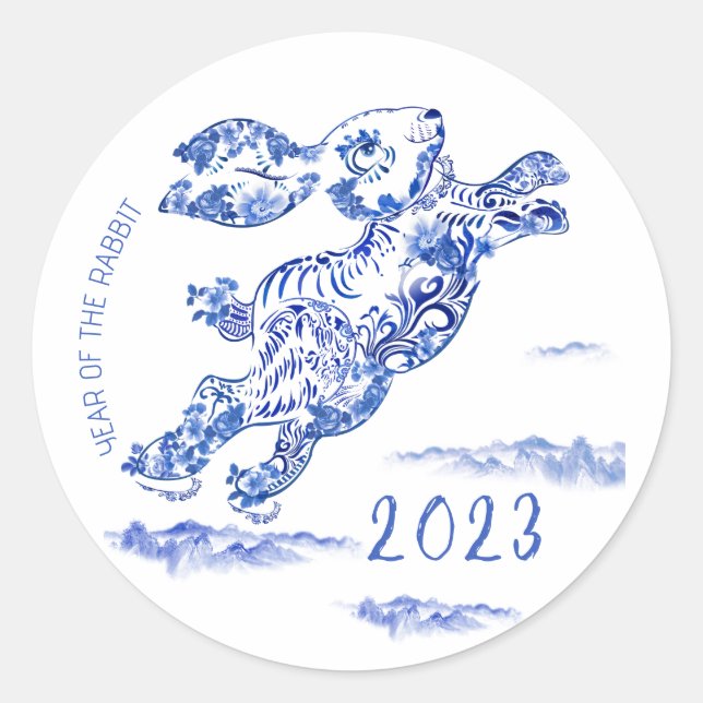 Sticker chinois pour le Nouvel An bleu blanc lapin (Devant)