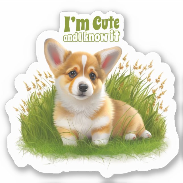 Sticker Chiot de Corgi sur l'herbe | animal mignon (Devant)