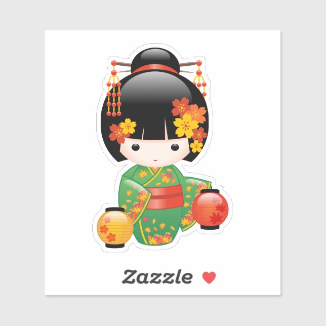 Sticker Chute Poupée Kokeshi - Green Kimono Geisha Girl (Feuille)