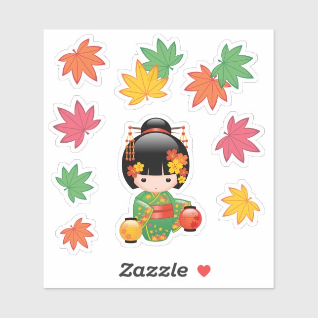 Sticker Chute Poupée Kokeshi - Japonaise Kimono Geisha Gir (Feuille)