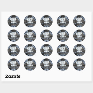 Sticker circulaire Baby shower Floral Blue Elephan