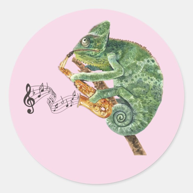 Sticker Classic Round Saxophone Chameleon Jazz (Devant)