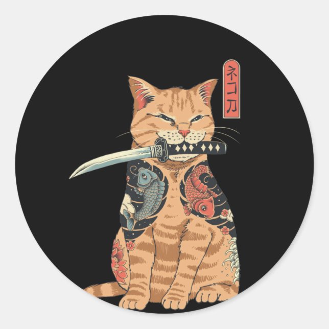 Sticker classique japonais Samurai Chat (Devant)