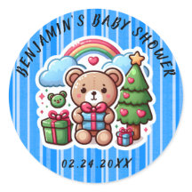 Sticker classique rond à Baby shower d'ours en pel