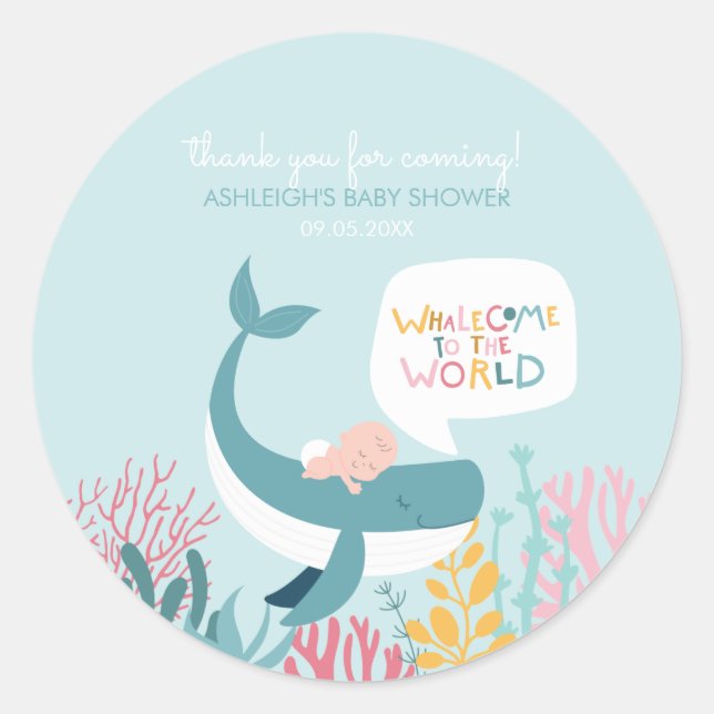 Sticker classique rond Baby shower à baleine (Devant)