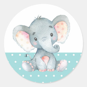 Sticker classique rond Baby shower d'éléphant Aqua