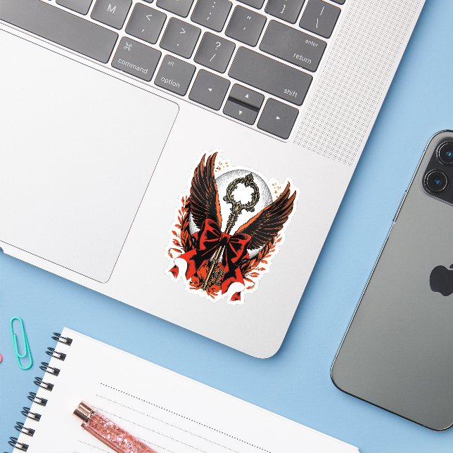 Sticker Clé de fond en velours gothique avec ailes et lune (Ordinateur portable avec iPhone)