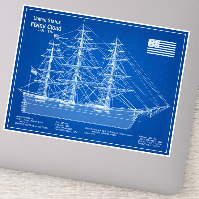 Sticker Cloud de vol de navire Clipper - Plan ABD (Clipper Ship Flying Cloud - Blueprint ABD. Sticker)