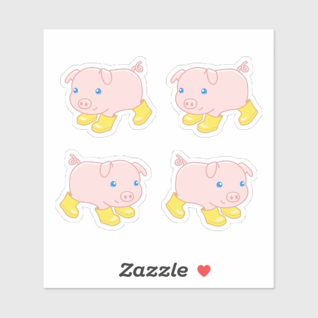 Sticker Cochon mignon dans Bottes en caoutchouc jaune, Ens (Feuille)