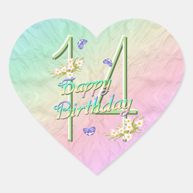 Sticker Cœur 14e Anniversaire Papillons et Rainbows Coeur Stick (Devant)