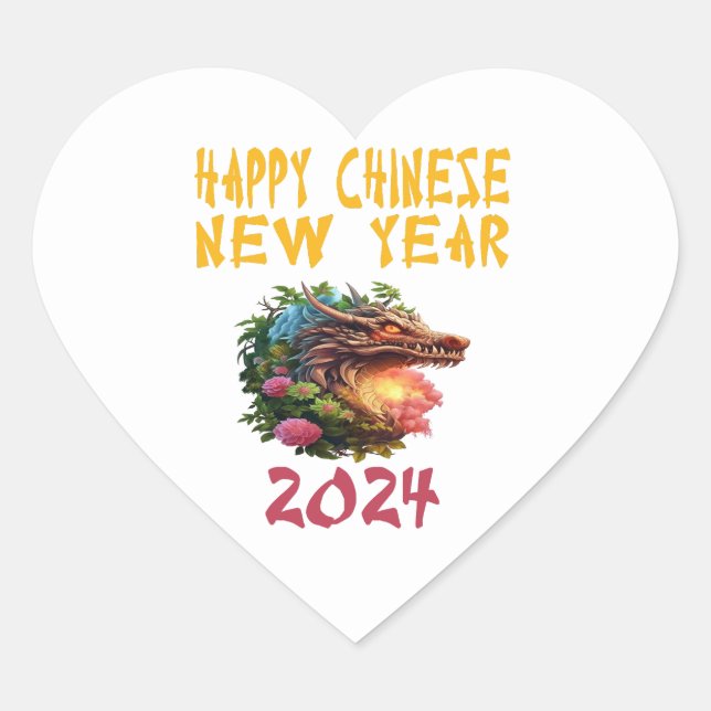 Sticker Cœur 2024 Nouvel An Chinois Année Du Dragon 2024 Blanc. (Devant)