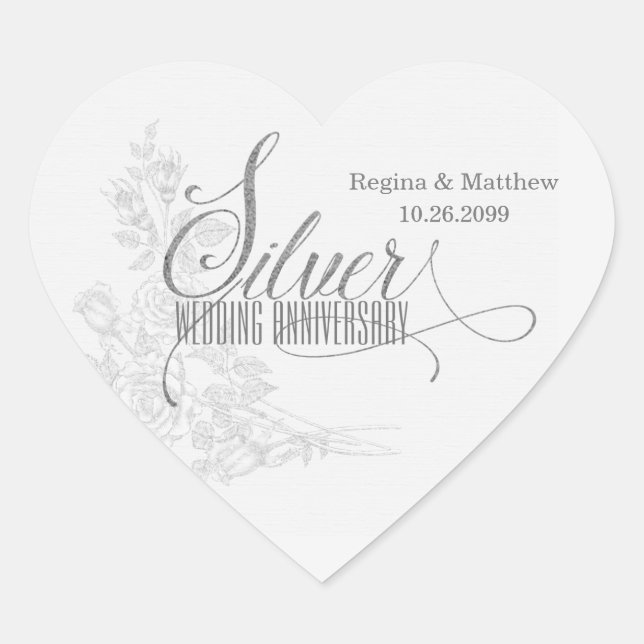 Sticker Cœur 25e anniversaire d'argent avec date et initiales (Devant)