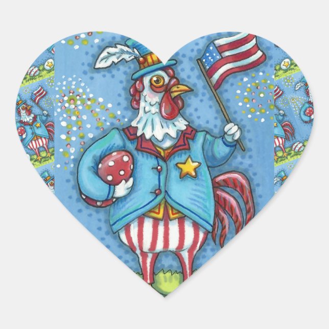 Sticker Cœur 4 juillet ROOSTER, FUNNY PATRIOTIC POULET (Devant)