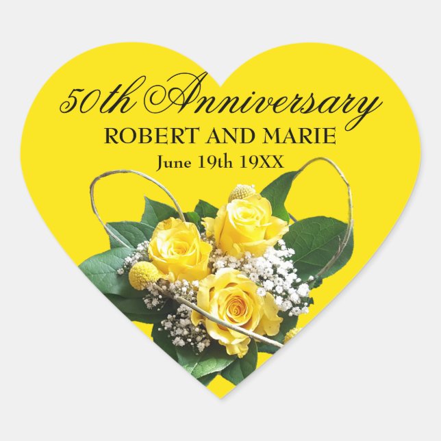 Sticker Cœur 50e Anniversaire Coeur avec Roses Jaunes Personnal (Devant)