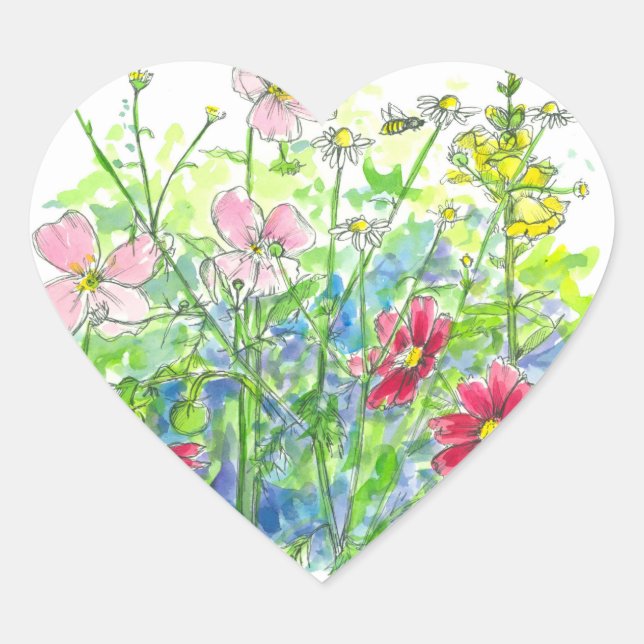 Sticker Cœur Abeille de miel Cosmos Snapdragons Aquarelle Fleur (Devant)