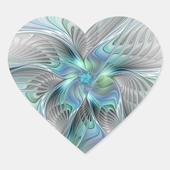 Sticker Cœur Abstrait Bleu Vert Papillon Imaginaire Fractal Art (Devant)