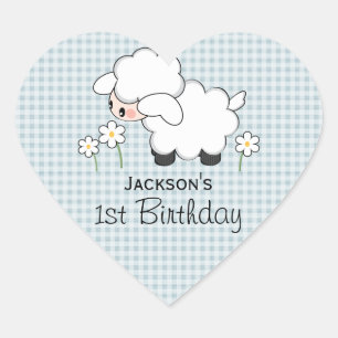 Sticker Cœur Agneau En vichy bleu d'anniversaire personnalisé