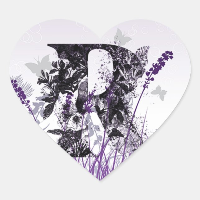 Sticker Cœur Alphabet Fleurs violettes - Lettre R Nom Filles (Devant)